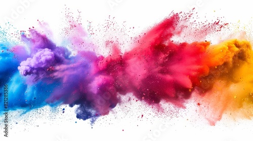 Vibrant explosion of multi-colored powder on a white background, creating a dynamic and energetic abstract composition of color.