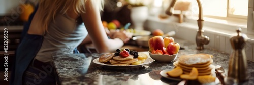 Woman presenting homemade pancakes topped with fresh berries and fruits for a healthy and delicious breakfast