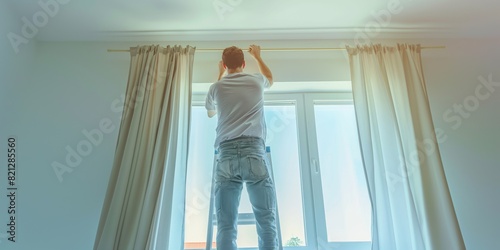 A man hangs curtains in a sunlit room, engaging in home decoration and improvement activities © gunzexx png and bg