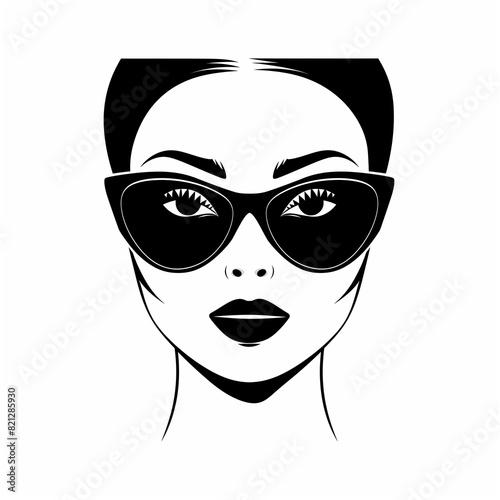 Stylized black and white vector illustration of a fashionable woman with elegant sunglasses and a trendy hairstyle