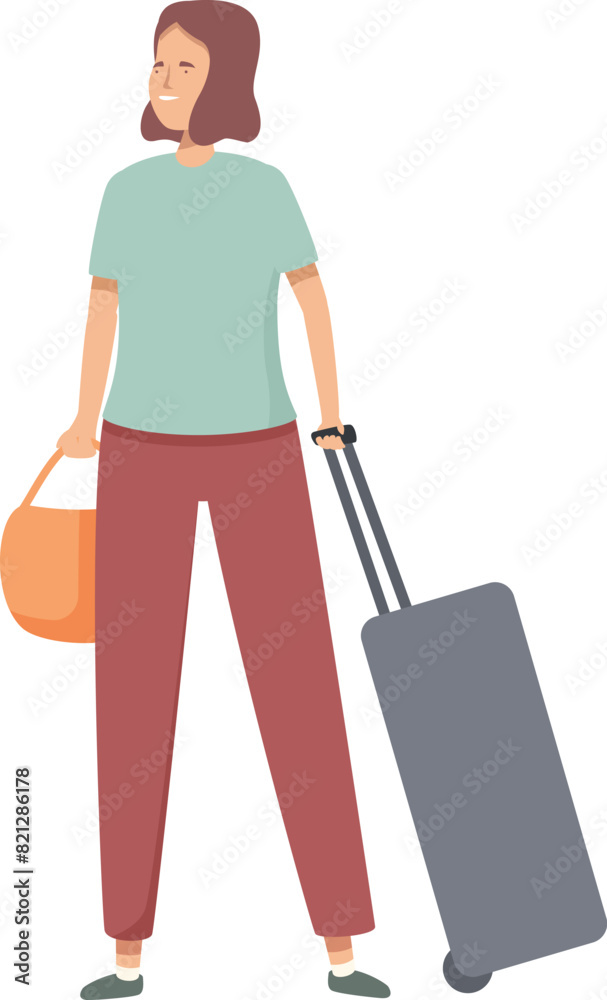 Illustration of a confident woman holding a suitcase and a handbag, prepared for a journey Illustration of a confident woman holding a suitcase and a handbag, prepared for a journey