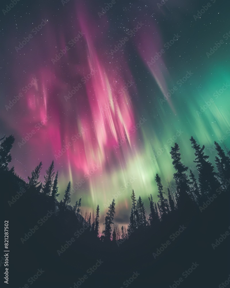 Obraz premium A pink and green aurora display lights up the sky over the silhouette of trees, night photography, ultra realistic, wide angle lens,, generated with ai