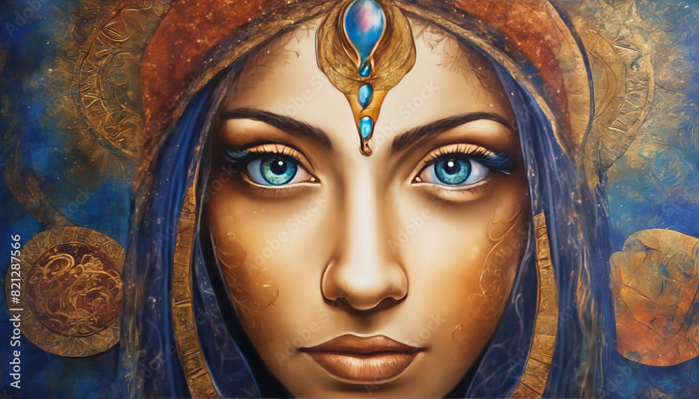 an art piece featuring a woman wearing a blue hat