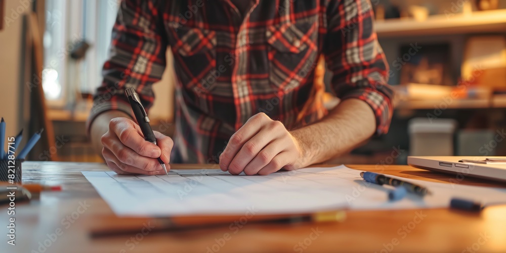 Architect with a plaid shirt sketching out a blueprint or design, focused on his drawing task at a desk Architect with a plaid shirt sketching out a blueprint or design, focused on his drawing task at a desk