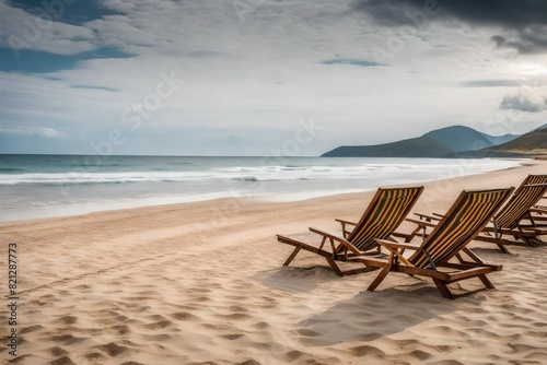 Amazing scene with lounge chairs on the beach.