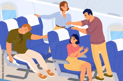 People passengers quarrelling due to drunk man while traveling in economy class of airplane vector illustration. Unlucky experience of flight concept