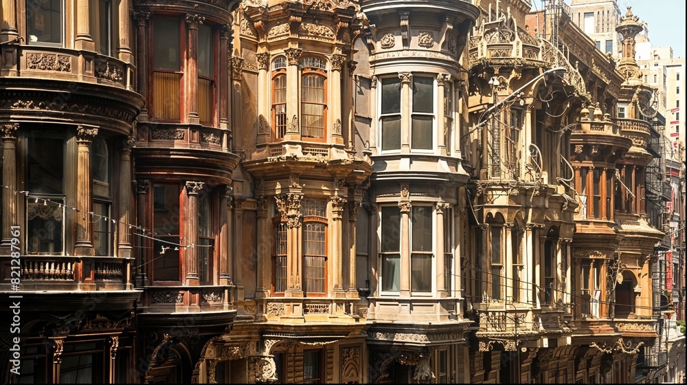 A row of old buildings with many New York style windows and balconies.