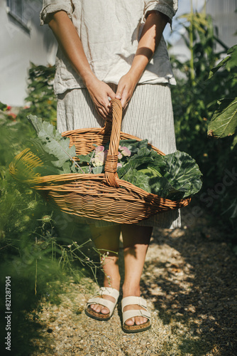 Homestead lifestyle and permaculture. Hands holding  basket with cabbage, zucchini, greens close up in urban organic garden. Harvesting vegetables from raised garden bed.