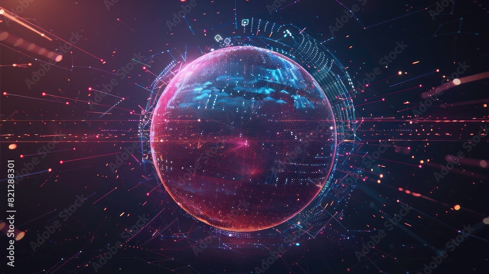 Obraz premium Big data sphere visualization with text. HUD wireframe mesh sphere with dot and lines. Visual data infographics design. Science technology. Digital Data.