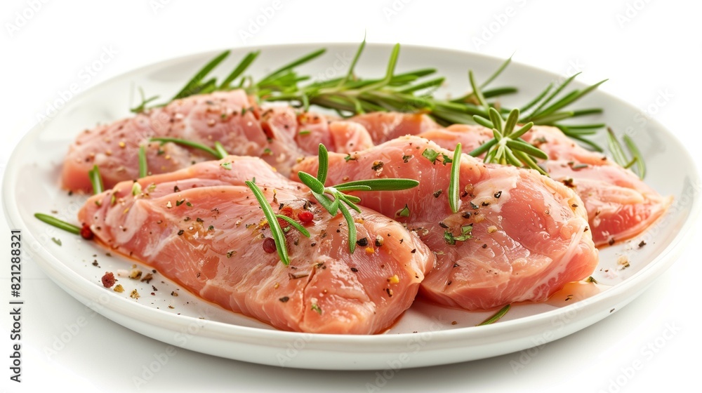 Fresh raw turkey breast fillet with rosemary on white plate isolated on white background Fresh raw turkey breast fillet with rosemary on white plate isolated on white background