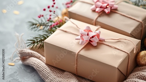 Two wrapped presents with pink ribbons on beige background with golden ornament pine tree branches with pink flowers © antkevyv