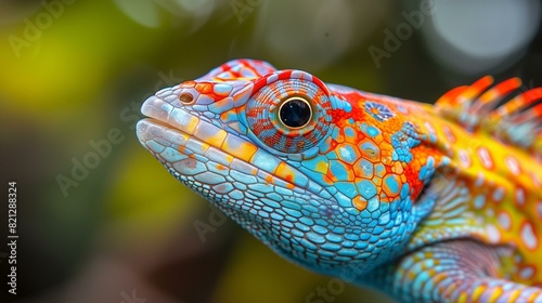 Brightly colored male rainbow agama lizard with blue orange green scales red dewlap looks out from branch photo