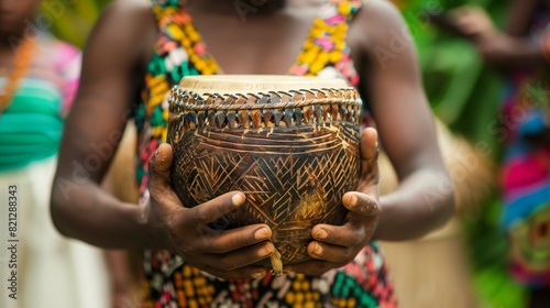 Young girl in colorful dress holding traditional african drum photo