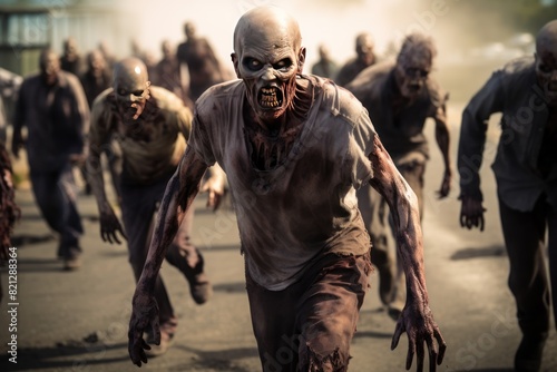 Zombies. Crowd of zombies in a post-apocalyptic city zombie attack going forward. A zombie horde in the destroyed ruins of a city after a zombie apocalypse outbreak. 3d illustration. Halloween concept