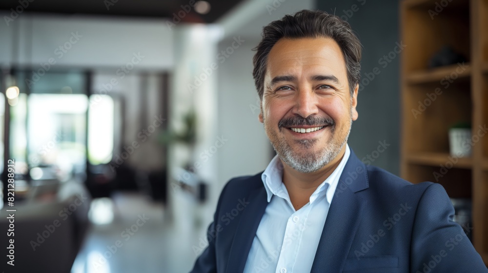 Confident Hispanic Businessman Smiling in Modern Office Setting for Corporate, Advertising, and Promotional Use Confident Hispanic Businessman Smiling in Modern Office Setting for Corporate, Advertising, and Promotional Use