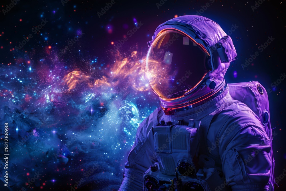 Astronaut silhouette with exploding light in the shape of butterfly wings, led illumination psychedelic colors, generated with ai Astronaut silhouette with exploding light in the shape of butterfly wings, led illumination psychedelic colors, generated with ai
