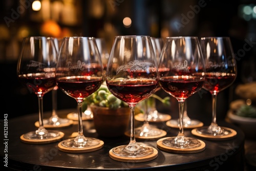 Red wine cups in an elegant encounter with live music and soft lighting., generative IA