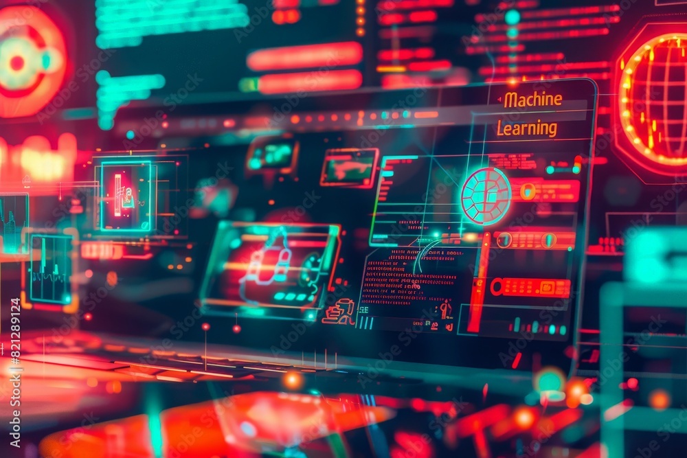 A cutting-edge workspace featuring holographic displays showcases machine learning algorithms in action with vivid, neon colors illuminating a high-tech environment. A cutting-edge workspace featuring holographic displays showcases machine learning algorithms in action with vivid, neon colors illuminating a high-tech environment.
