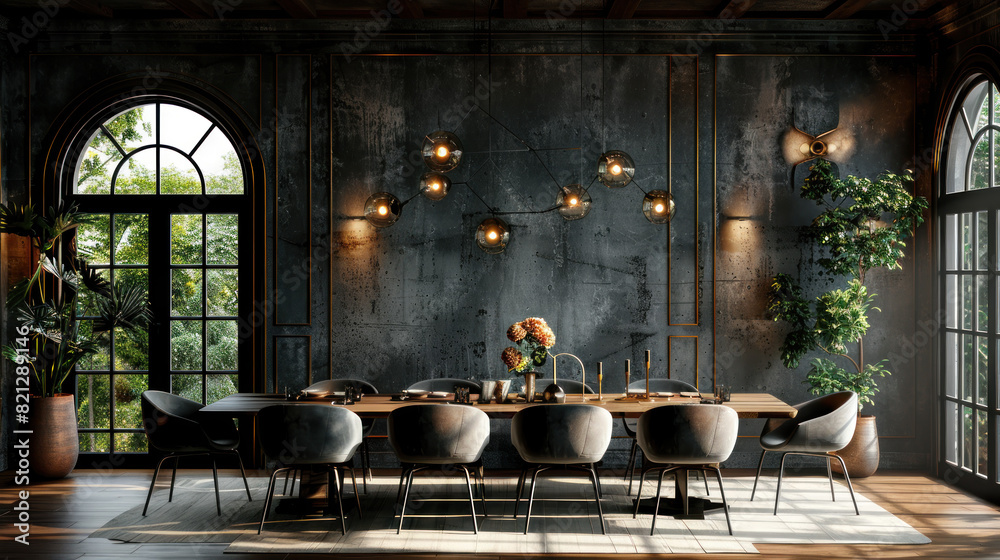Minimalist dining room with gold accents and an industrial chandelier. Minimalist dining room with gold accents and an industrial chandelier.