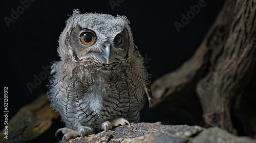A baby owl was captured in a photo shoot in a photography studio.
