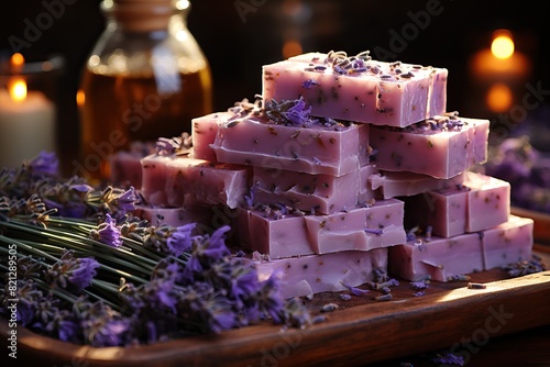 Lavender aroma soap cut and lying on a wooden board with fresh lavender flowers, aromatherapy with lavender flowers. photo