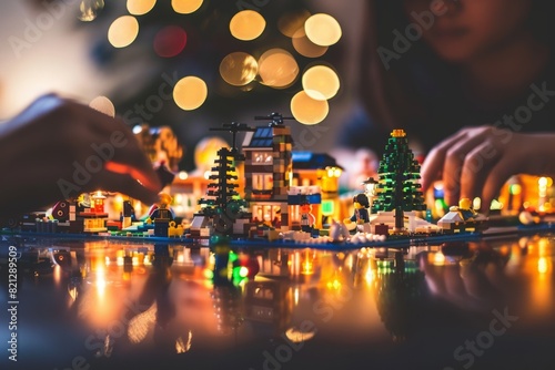 Mothers and children assemble a vibrant, festive Lego village under the glow of warm, twinkling holiday lights in the evening.