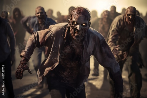Zombies. Crowd of zombies in a post-apocalyptic city zombie attack going forward. A zombie horde in the destroyed ruins of a city after a zombie apocalypse outbreak. 3d illustration. Halloween concept © John Martin