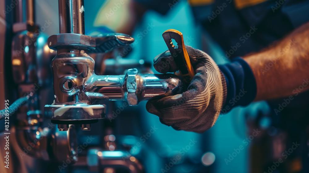 Fototapeta premium Closeup of a skilled repairman using an adjustable wrench to fix a leaky pipe in a residential building