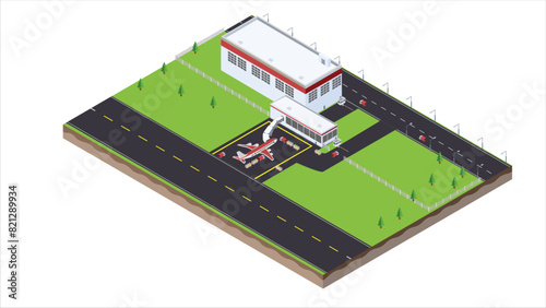 isometric scene of transport airplane and airport luggage transportation vehicle at airport