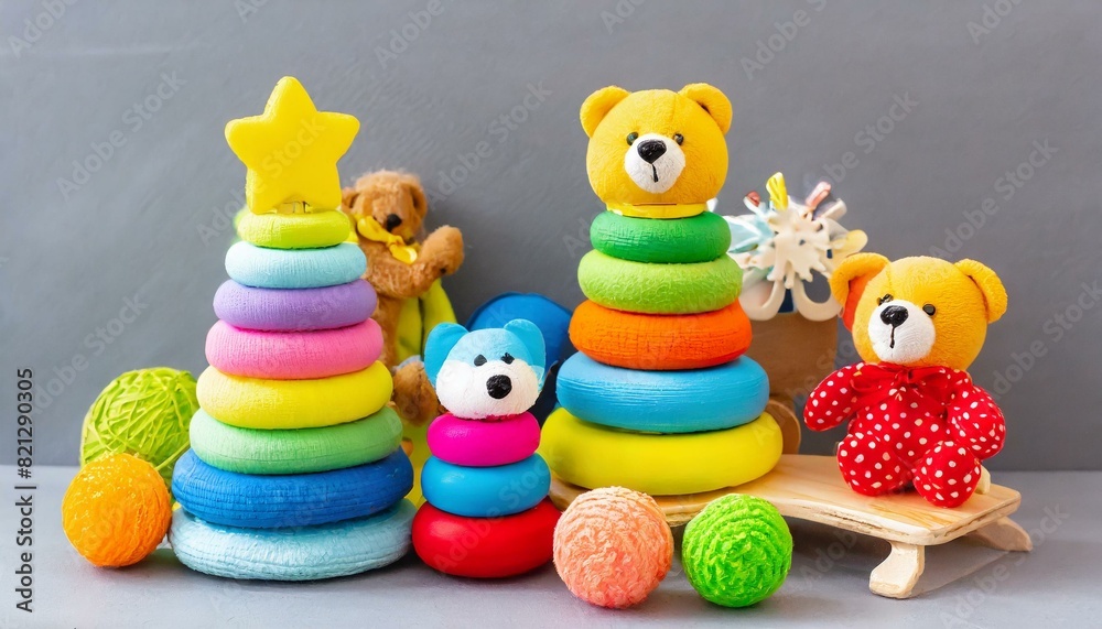 Colorful kids toys on neutral gray background. Toy teddy bear, wooden educational toys. Front view. AI generated
