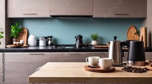 Kitchen island countertop with coffee set, modern kitchen background