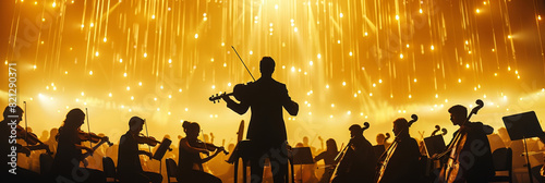 Silhouetted Symphony Orchestra Performing in Radiant Amber Illumination photo
