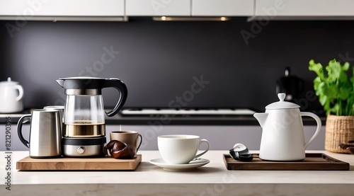 Kitchen island countertop with coffee set  modern kitchen background