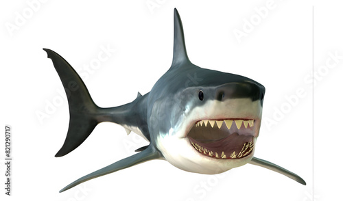 Close of great shark mouth and teeth isolated over white background