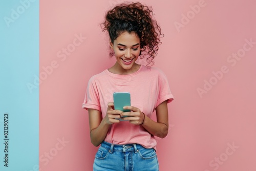 Woman in Pink Shirt Looking at Cell Phone