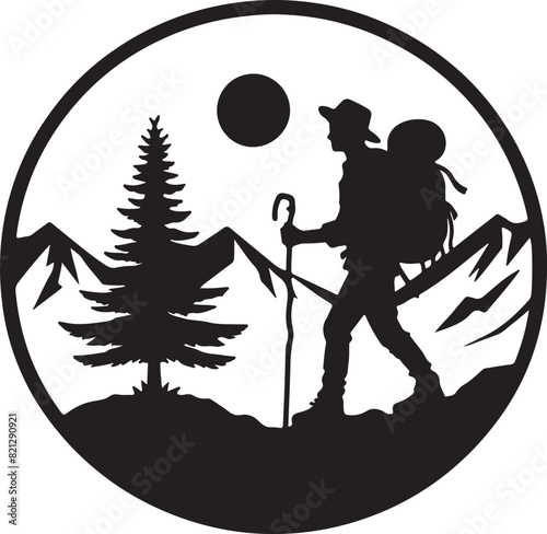 A man is hiking on a mountain ,silhouette vector style and white background.