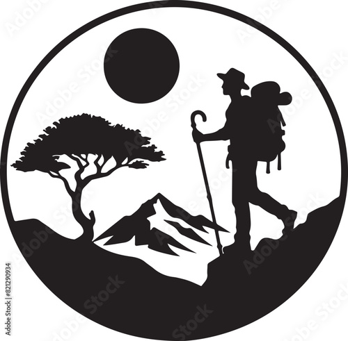 A man is hiking on a mountain ,silhouette vector style and white background.