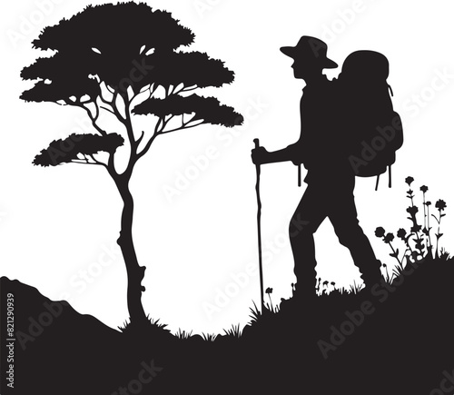 A man is hiking on a mountain ,silhouette vector style and white background.