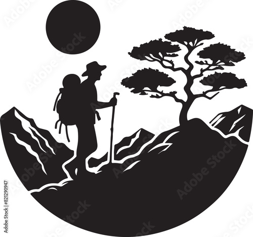 A man is hiking on a mountain ,silhouette vector style and white background.