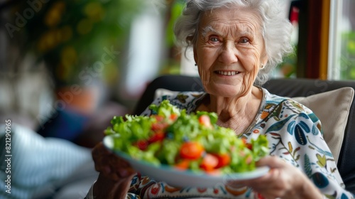 Woman Holding a Plate of Salad in a Kitchen
