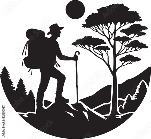 A man is hiking on a mountain ,silhouette vector style and white background.
