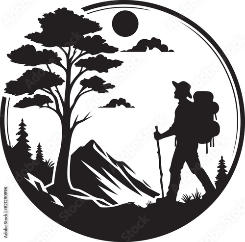 A man is hiking on a mountain ,silhouette vector style and white background.