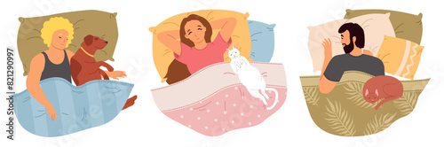 Happy sleepy man and woman cartoon characters resting with domestic animals in bed vector illustration. Peaceful young people relaxing with lovely pets at night