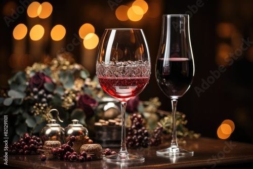 Front view of a glass of wine  wine bottle  Christmas decorations  dark red backgr  generative IA