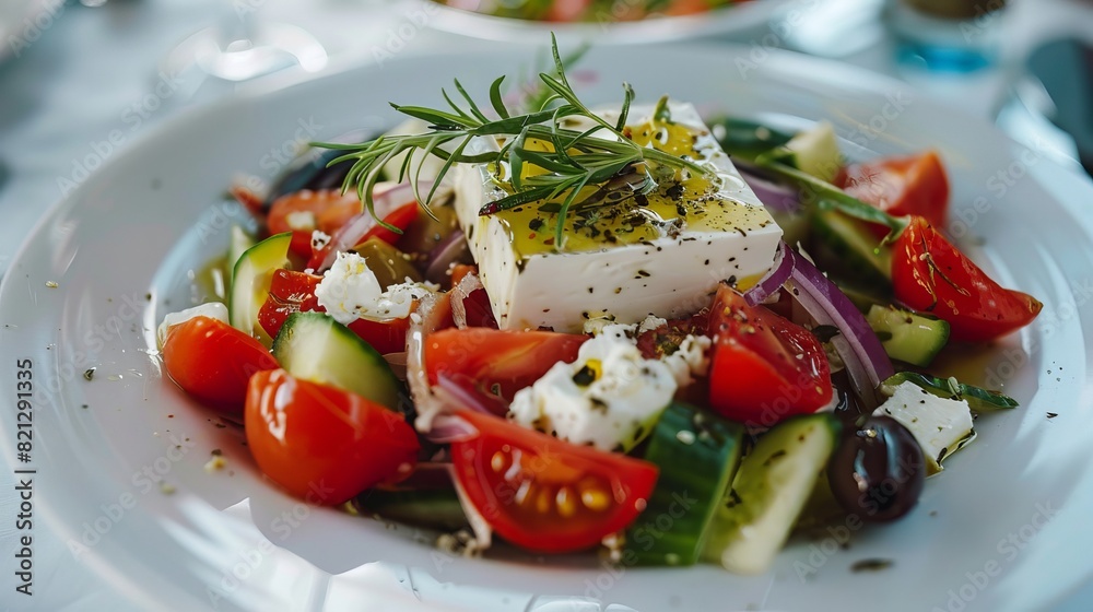A colorful and refreshing Greek salad on a white plate, capturing the essence of healthy eating. A colorful and refreshing Greek salad on a white plate, capturing the essence of healthy eating.