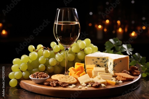 Side view of white wine with grapes  orange and cheese on the wooden board on the   generative IA