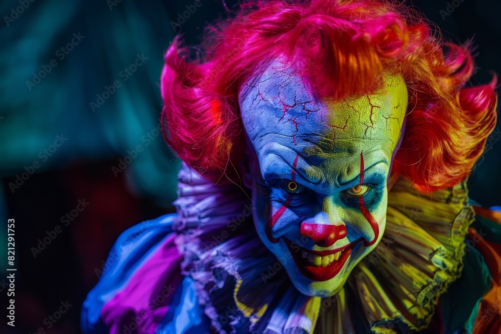 Creepy Clown with Colorful Wig in Dark Setting