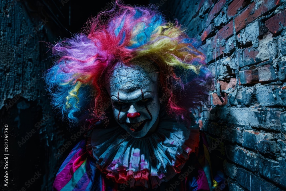 Scary Clown in Full Costume with Colorful Wig