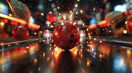 A bowling ball knocks down pins in a dark setting. The image is rendered in 3D.
