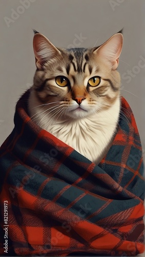 An adult cat in a blanket